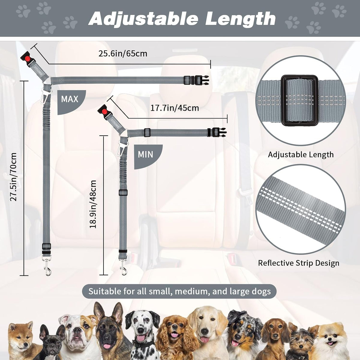 Dog Seat Belt for Car, Headrest Restraint Reflective Bungee, 1 Pack