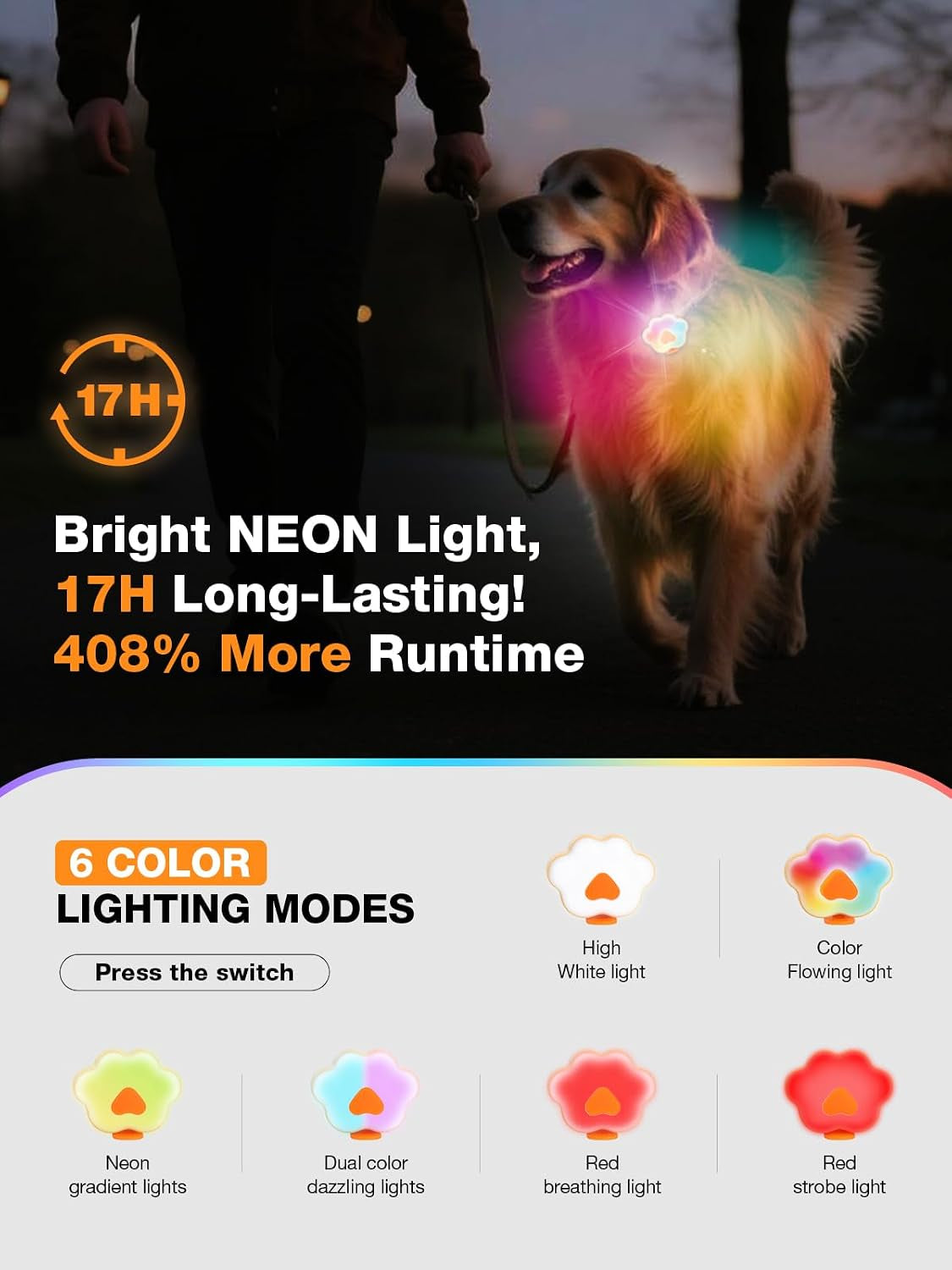 Light up Dog Collar - Dog Collar Lights for Night Walking - Dog Collar Lights Clip on - Waterproof Rechargeable Clip-On Design, 17-Hour Battery Life