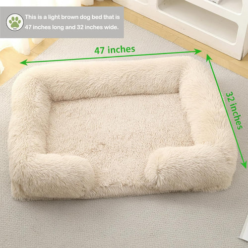 Orthopedic Dog Bed for XXL Dogs - Washable Memory Foam Pet Sofa, Fluffy Plush Rectangular Bed, Waterproof Anti-Anxiety Couch, Light Brown, XXL